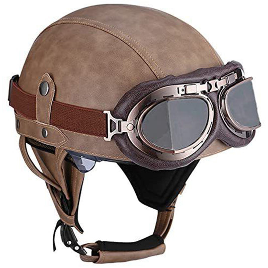 Vintage Leather Motorcycle Retro Half Helmet Scooter Cruiser+Free Goggles mask