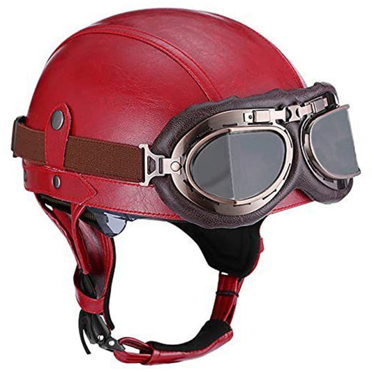 Vintage Leather Motorcycle Retro Half Helmet Scooter Cruiser+Free Goggles mask