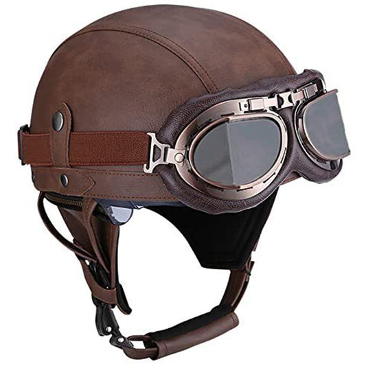 Vintage Leather Motorcycle Retro Half Helmet Scooter Cruiser+Free Goggles mask